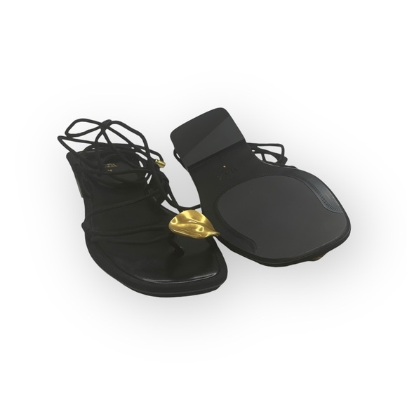 Deadstock: new Zara ❧ Embellished Flat Sandals ❧ Black Bright Gold Hardware ❧ 8M - Picture 12 of 16